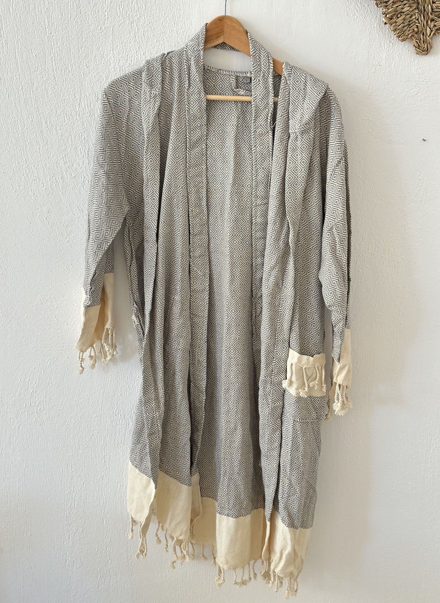 Sooboho Pamuk Kimono Bornoz Antrasit Krem Kapşonlu