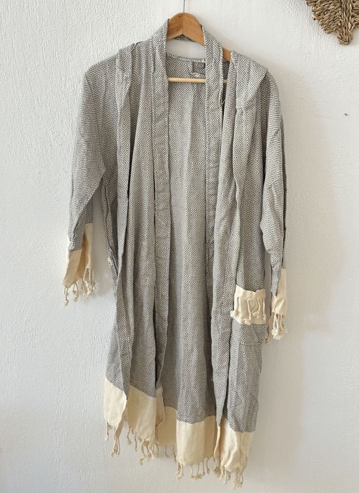 Sooboho Pamuk Kimono Bornoz Antrasit Krem Kapşonlu